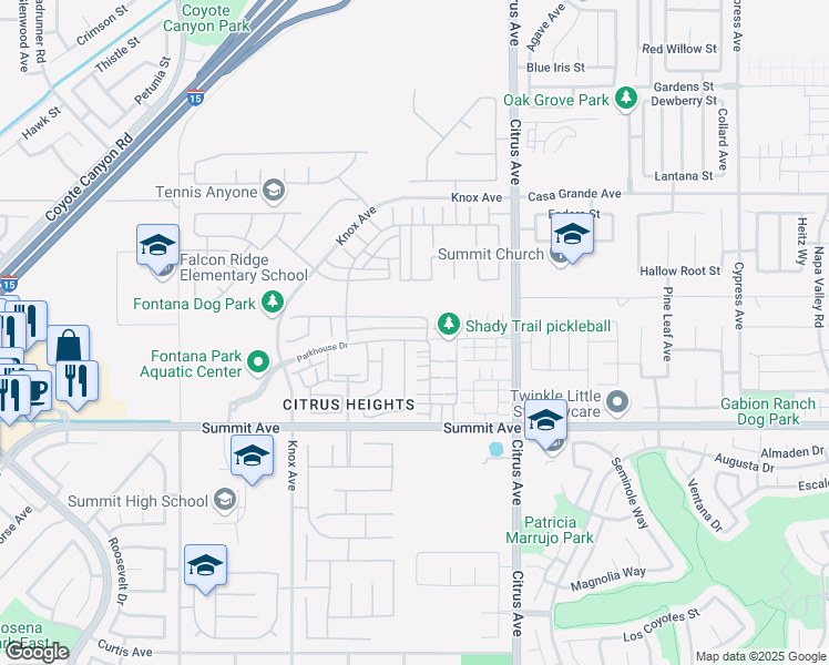 map of restaurants, bars, coffee shops, grocery stores, and more near 15912 Parkhouse Drive in Fontana