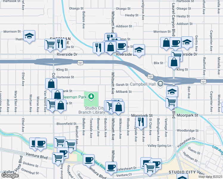 map of restaurants, bars, coffee shops, grocery stores, and more near 12503 Milbank Street in Los Angeles