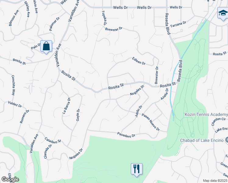 map of restaurants, bars, coffee shops, grocery stores, and more near 4515 Sendero Place in Tarzana