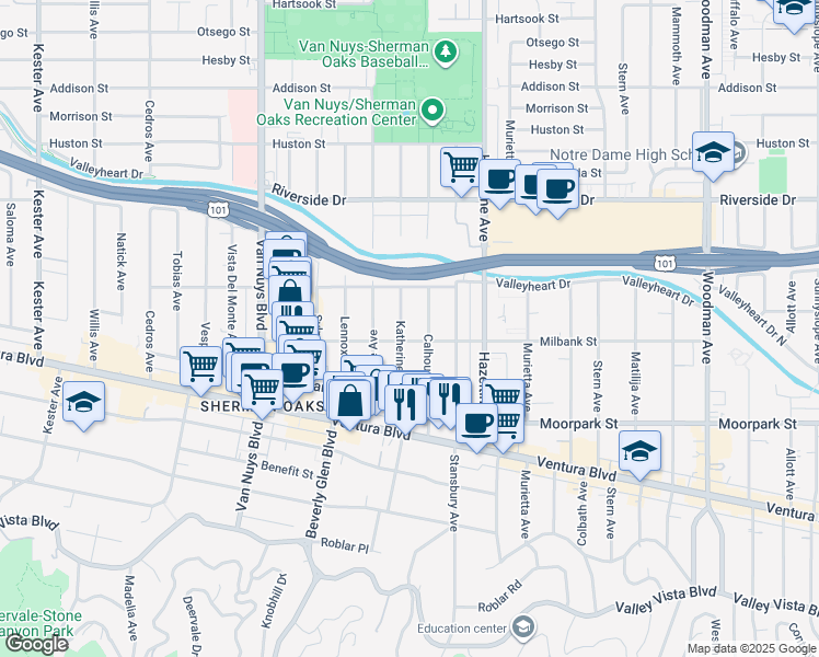 map of restaurants, bars, coffee shops, grocery stores, and more near 4512 Katherine Avenue in Los Angeles