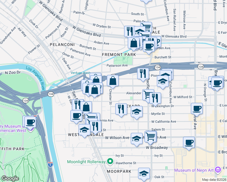 map of restaurants, bars, coffee shops, grocery stores, and more near 663 Alexander Street in Glendale