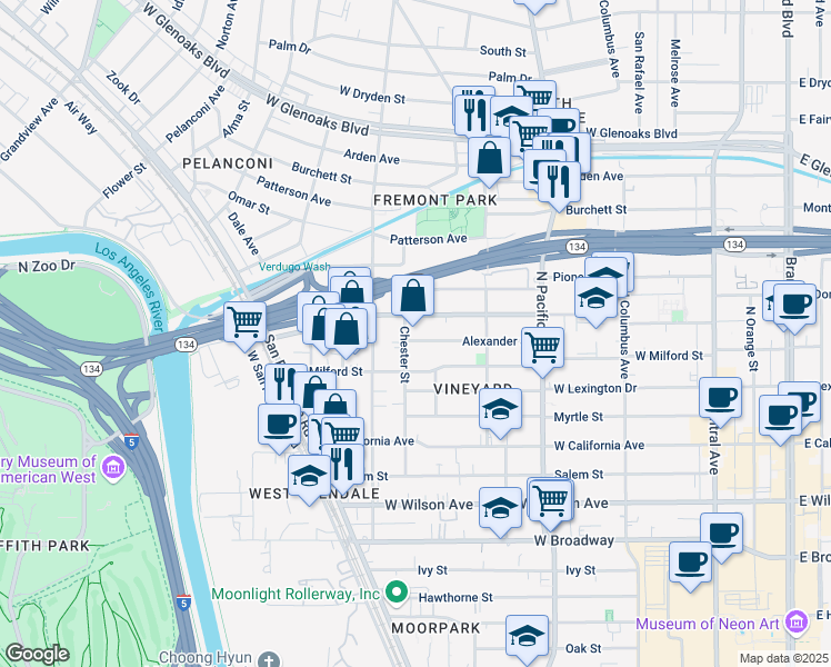 map of restaurants, bars, coffee shops, grocery stores, and more near 663 Alexander Street in Glendale