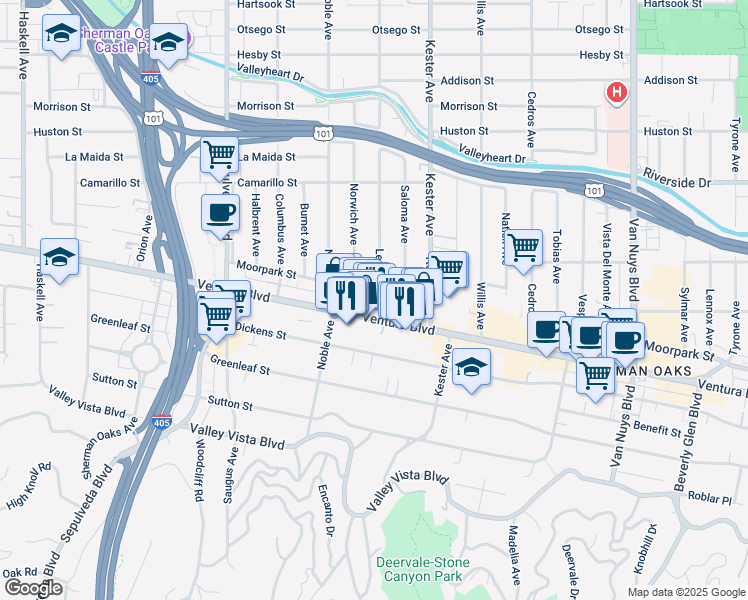 map of restaurants, bars, coffee shops, grocery stores, and more near 14958 Moorpark Street in Los Angeles