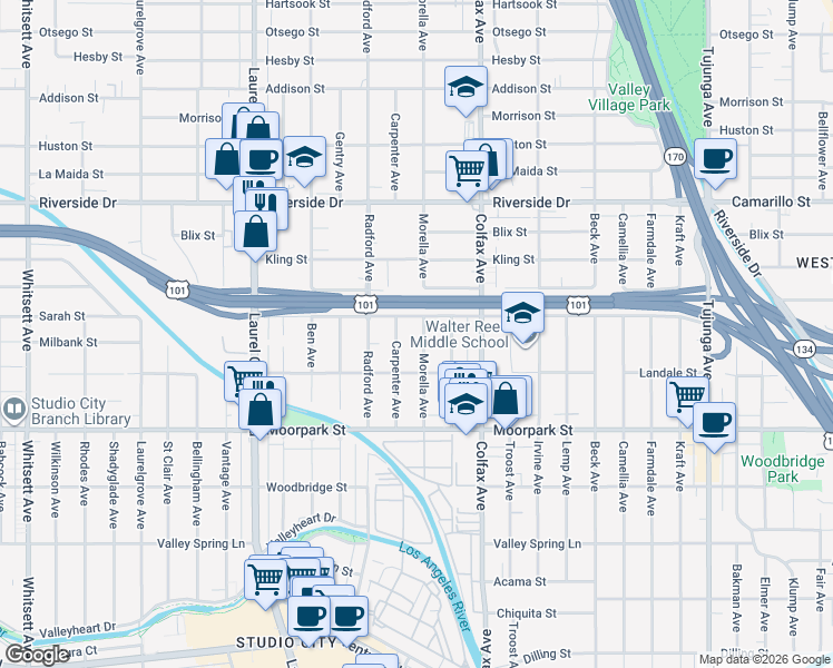 map of restaurants, bars, coffee shops, grocery stores, and more near 4543 Morella Avenue in Los Angeles