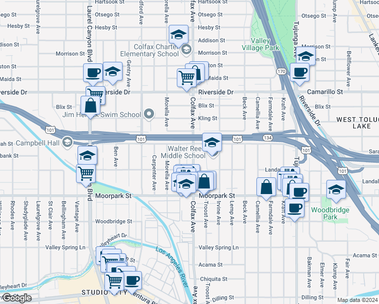 map of restaurants, bars, coffee shops, grocery stores, and more near 4541 Colfax Avenue in Los Angeles
