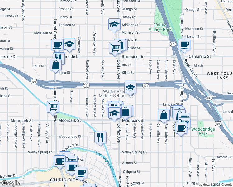 map of restaurants, bars, coffee shops, grocery stores, and more near in Los Angeles County