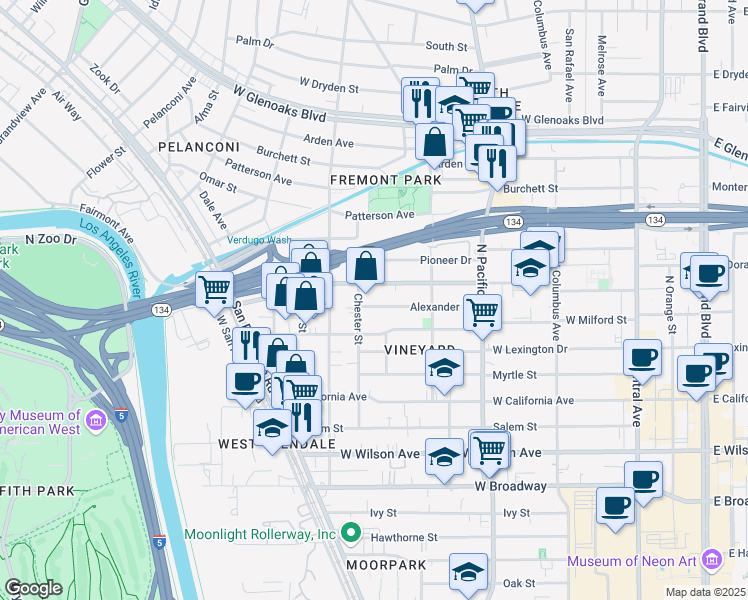 map of restaurants, bars, coffee shops, grocery stores, and more near 655 Alexander Street in Glendale