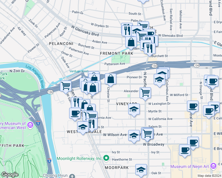 map of restaurants, bars, coffee shops, grocery stores, and more near 667 Alexander Street in Glendale