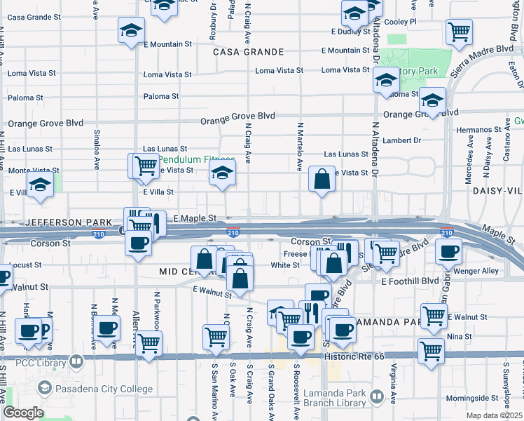map of restaurants, bars, coffee shops, grocery stores, and more near 2173 Dolores Street in Pasadena