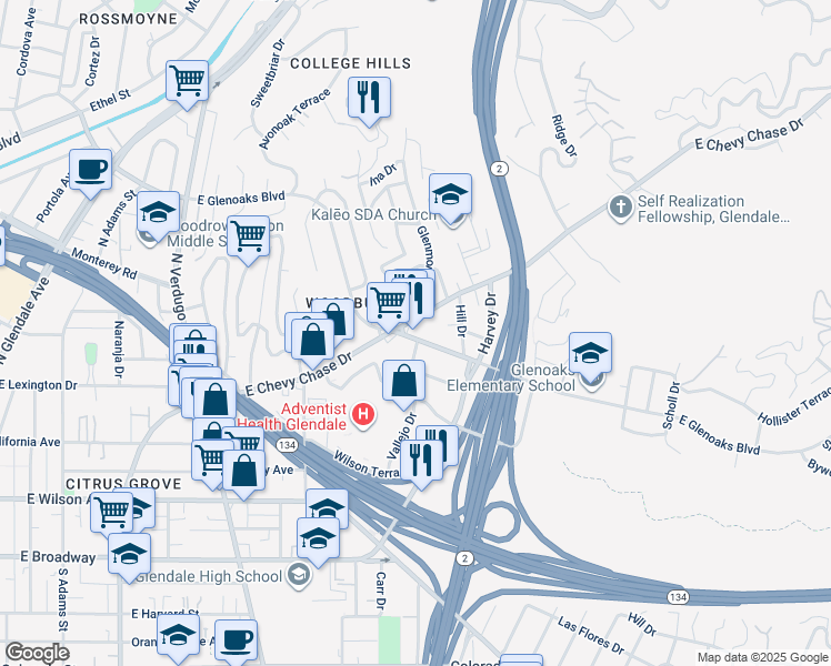 map of restaurants, bars, coffee shops, grocery stores, and more near 1611 East Glenoaks Boulevard in Glendale