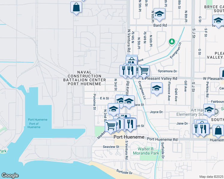 map of restaurants, bars, coffee shops, grocery stores, and more near 247 East B Street in Port Hueneme