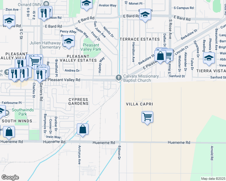 map of restaurants, bars, coffee shops, grocery stores, and more near 5182 Longfellow Way in Oxnard