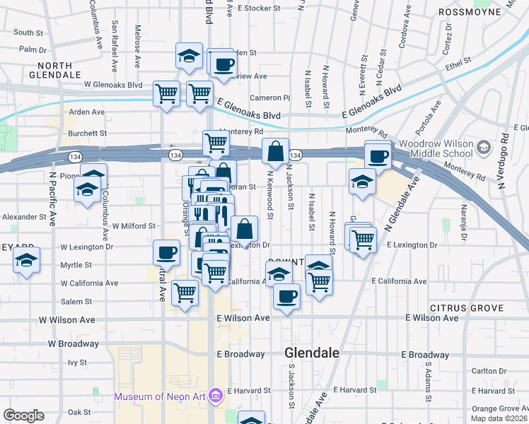 map of restaurants, bars, coffee shops, grocery stores, and more near 515 North Kenwood Street in Glendale