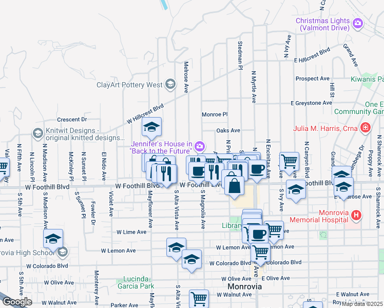 map of restaurants, bars, coffee shops, grocery stores, and more near 162 Melrose Avenue in Monrovia