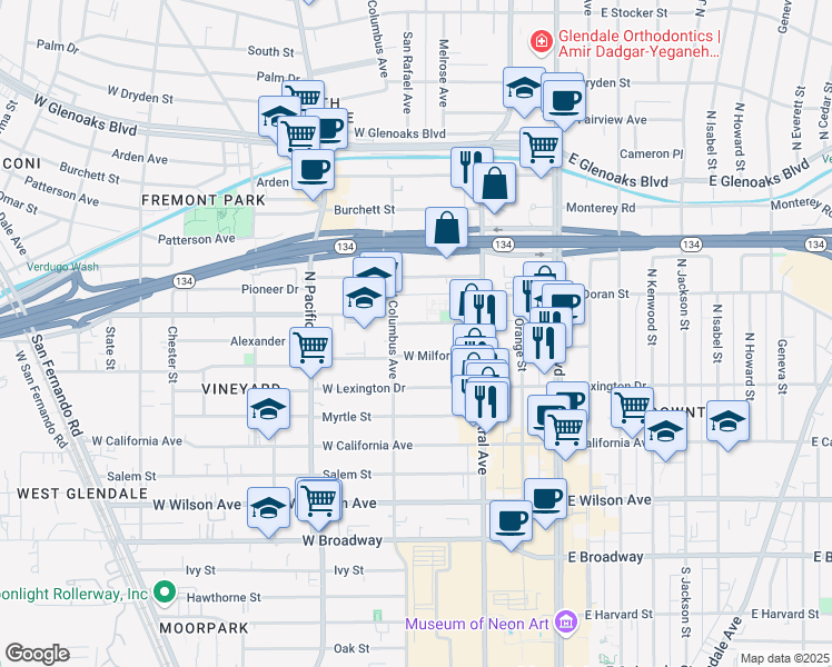 map of restaurants, bars, coffee shops, grocery stores, and more near 358 West Doran Street in Glendale
