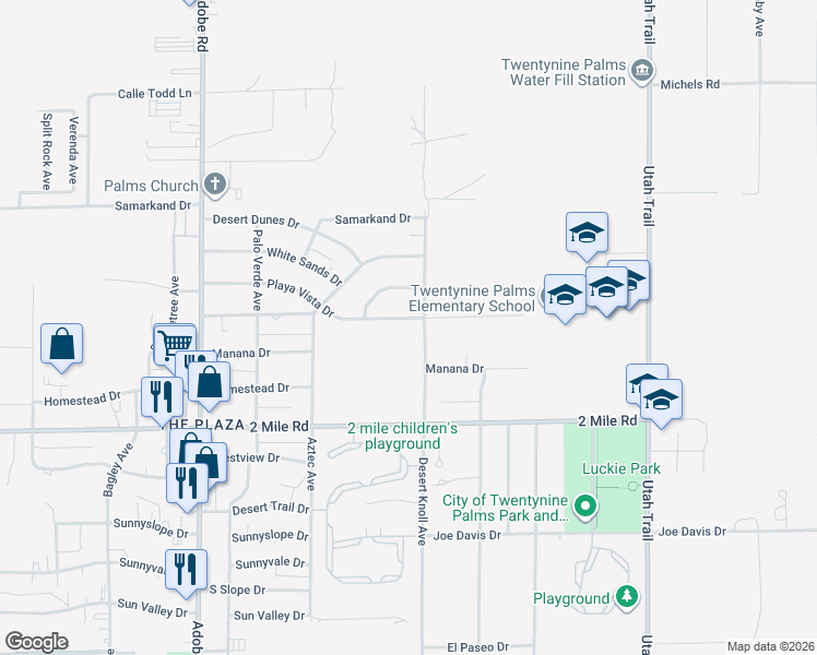 map of restaurants, bars, coffee shops, grocery stores, and more near 74071 Playa Vista Drive in Twentynine Palms