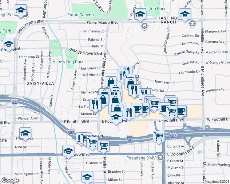 map of restaurants, bars, coffee shops, grocery stores, and more near 3373 East Foothill Boulevard in Pasadena
