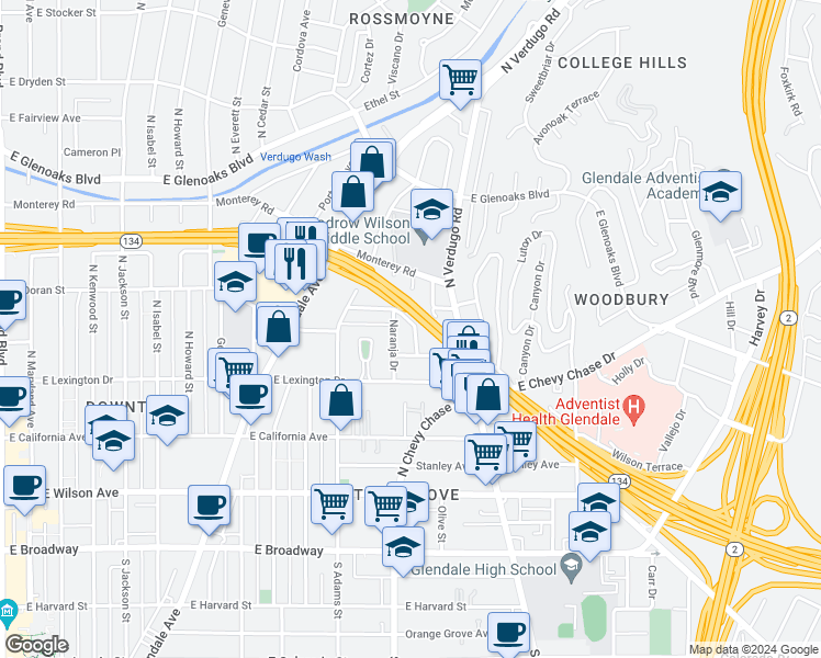 map of restaurants, bars, coffee shops, grocery stores, and more near 521 Galer Place in Glendale