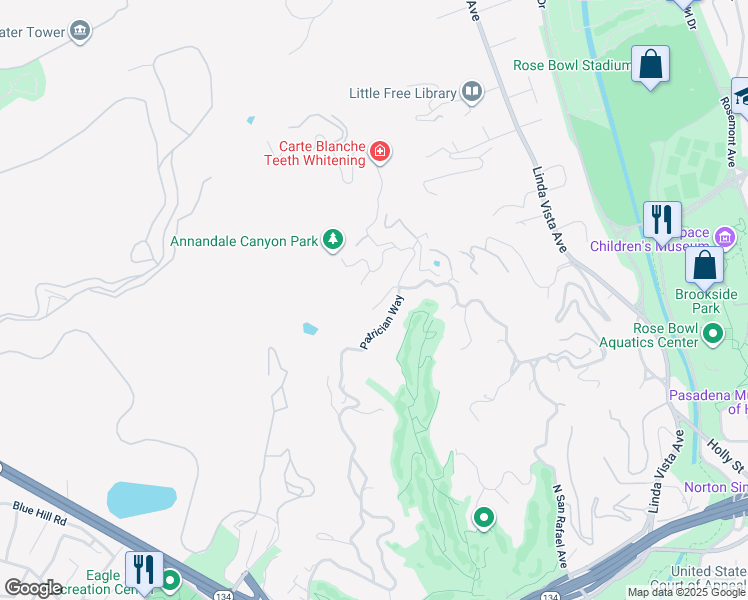 map of restaurants, bars, coffee shops, grocery stores, and more near 405 Woodcliffe Road in Pasadena