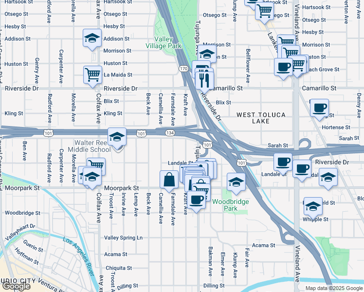 map of restaurants, bars, coffee shops, grocery stores, and more near 4548 Kraft Avenue in Los Angeles