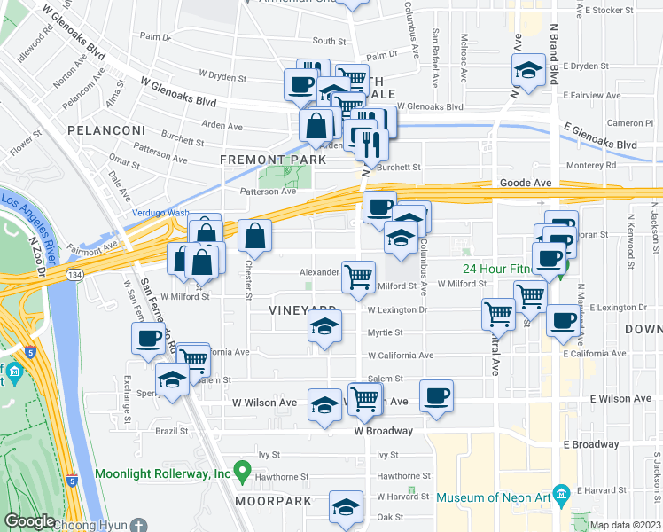 map of restaurants, bars, coffee shops, grocery stores, and more near 529 Alexander Street in Glendale