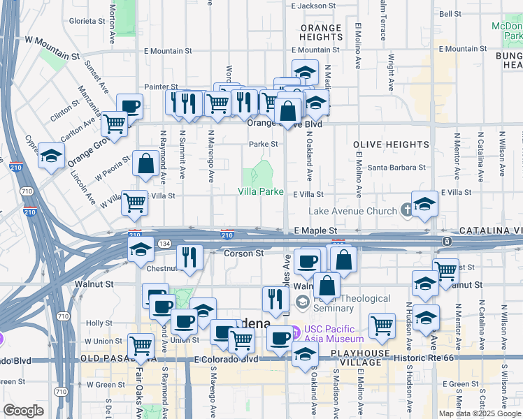 map of restaurants, bars, coffee shops, grocery stores, and more near 442 North Euclid Avenue in Pasadena