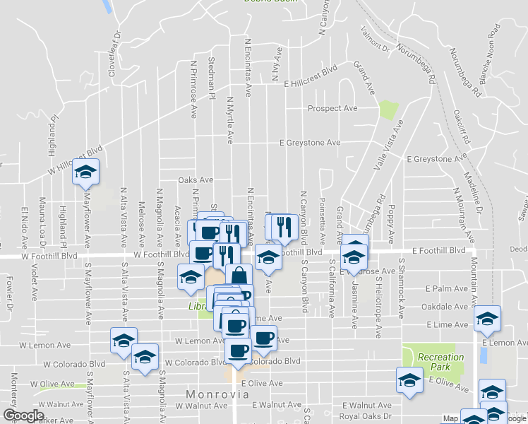map of restaurants, bars, coffee shops, grocery stores, and more near 159 North Ivy Avenue in Monrovia