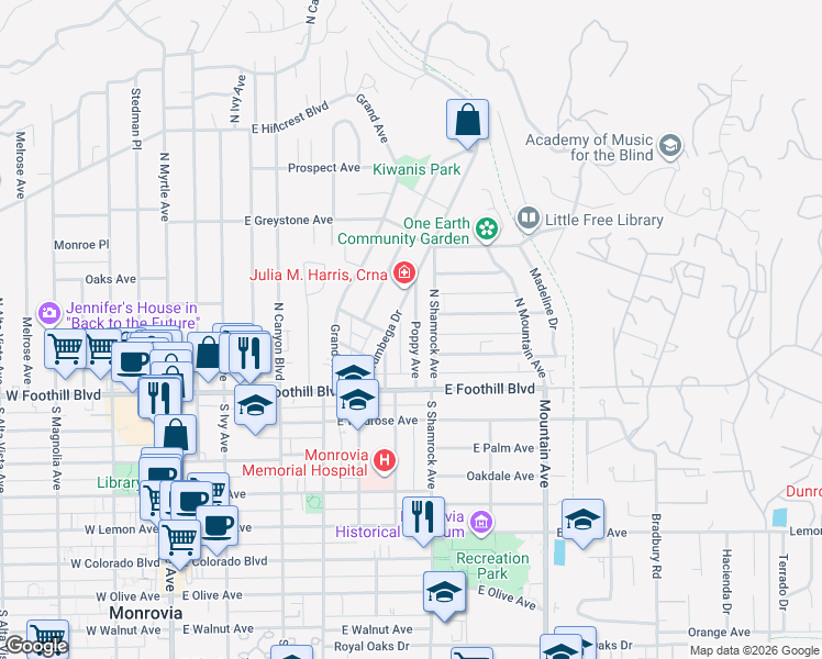 map of restaurants, bars, coffee shops, grocery stores, and more near 205 Poppy Avenue in Monrovia