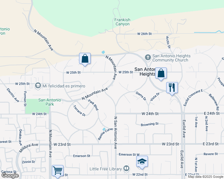 map of restaurants, bars, coffee shops, grocery stores, and more near 2478 North Mountain Avenue in Upland