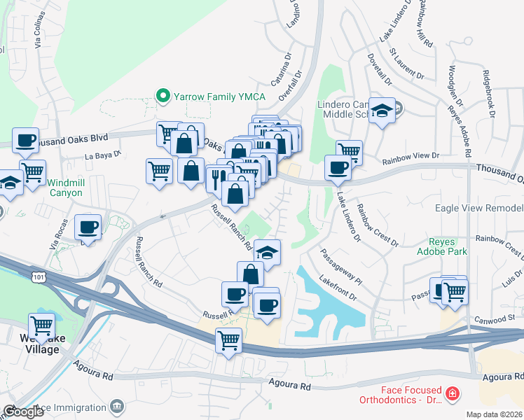map of restaurants, bars, coffee shops, grocery stores, and more near 5553 Salerno Drive in Westlake Village