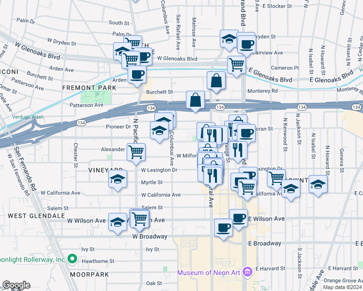map of restaurants, bars, coffee shops, grocery stores, and more near 358 West Doran Street in Glendale