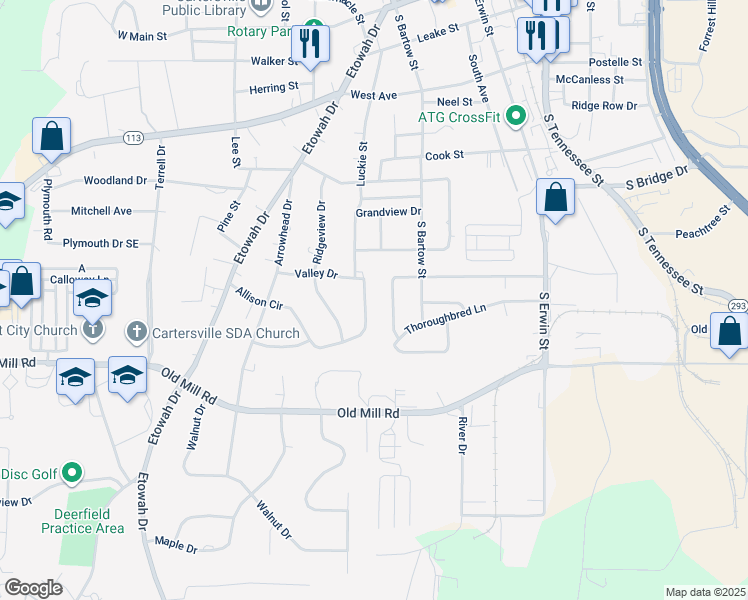map of restaurants, bars, coffee shops, grocery stores, and more near 6 Allison Circle in Cartersville