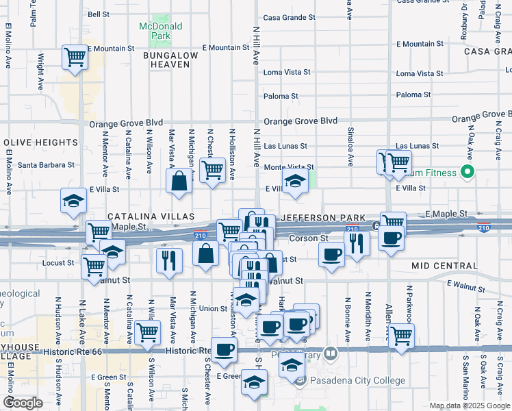 map of restaurants, bars, coffee shops, grocery stores, and more near 427 North Hill Avenue in Pasadena