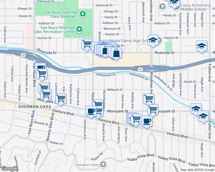 map of restaurants, bars, coffee shops, grocery stores, and more near 4525 Murietta Avenue in Los Angeles