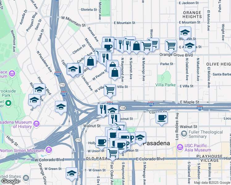 map of restaurants, bars, coffee shops, grocery stores, and more near 454 North Fair Oaks Avenue in Pasadena