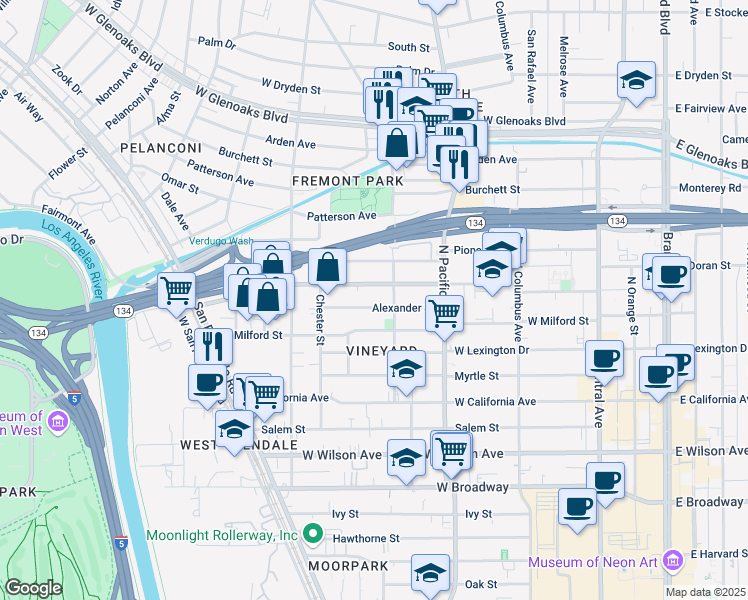 map of restaurants, bars, coffee shops, grocery stores, and more near 617 Alexander Street in Glendale