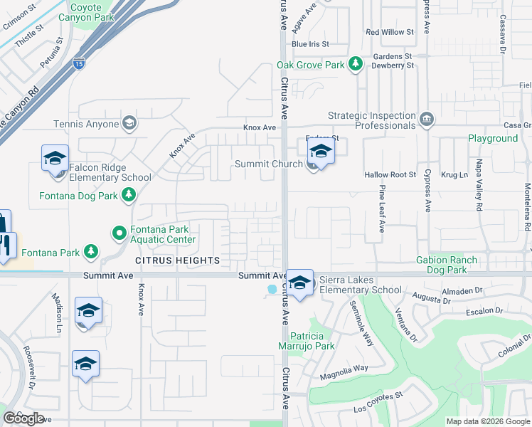 map of restaurants, bars, coffee shops, grocery stores, and more near 16040 Parkhouse Drive in Fontana