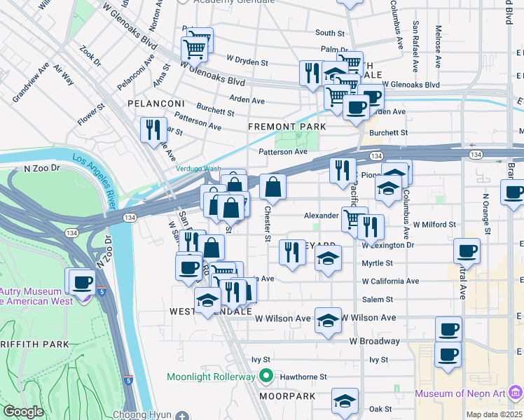 map of restaurants, bars, coffee shops, grocery stores, and more near 533 Chester Street in Glendale