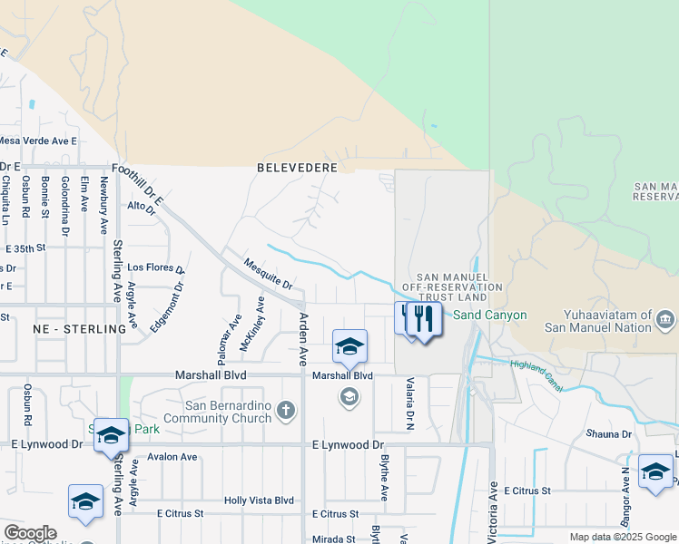 map of restaurants, bars, coffee shops, grocery stores, and more near 2455 Willow Drive in San Bernardino