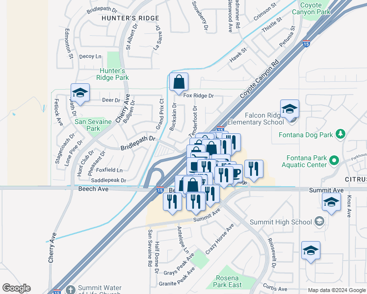 map of restaurants, bars, coffee shops, grocery stores, and more near 5527 Tenderfoot Drive in Fontana