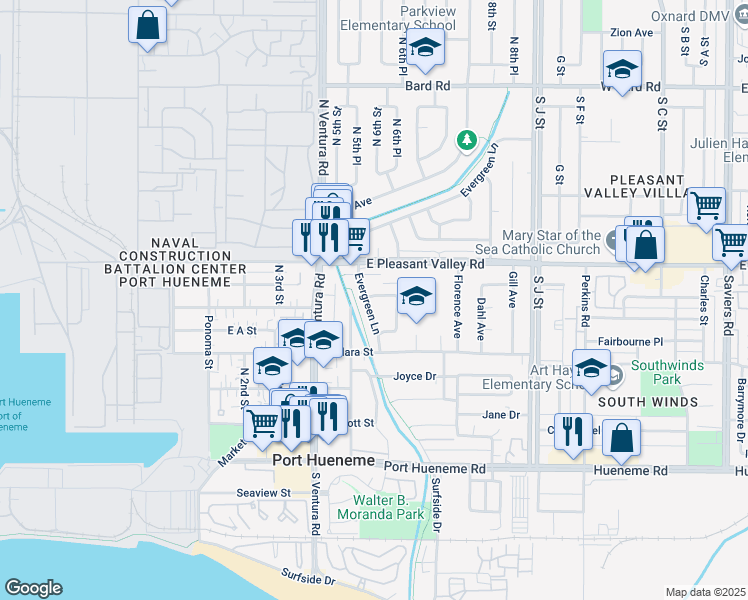 map of restaurants, bars, coffee shops, grocery stores, and more near 653 Evergreen Square in Port Hueneme
