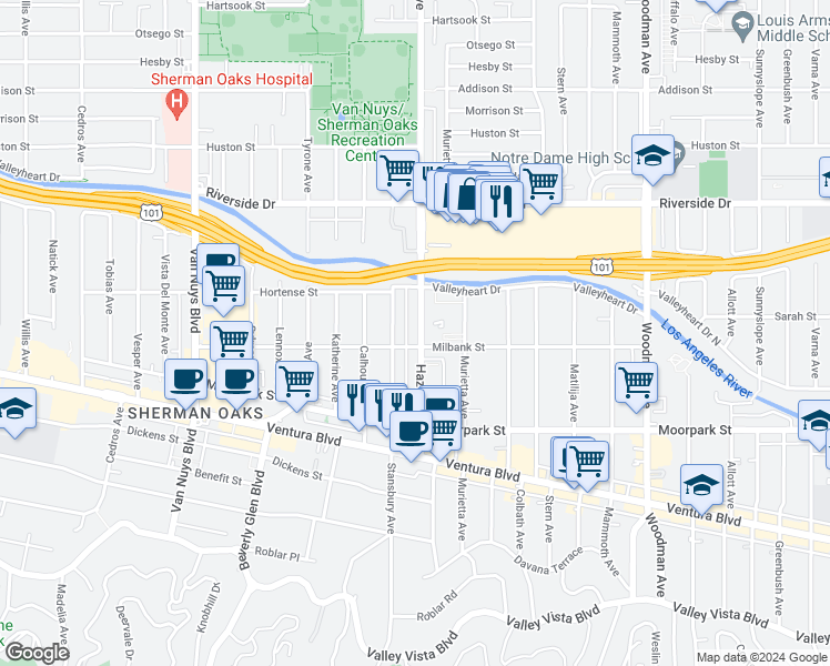 map of restaurants, bars, coffee shops, grocery stores, and more near 4515 1/2 Hazeltine Avenue in Los Angeles