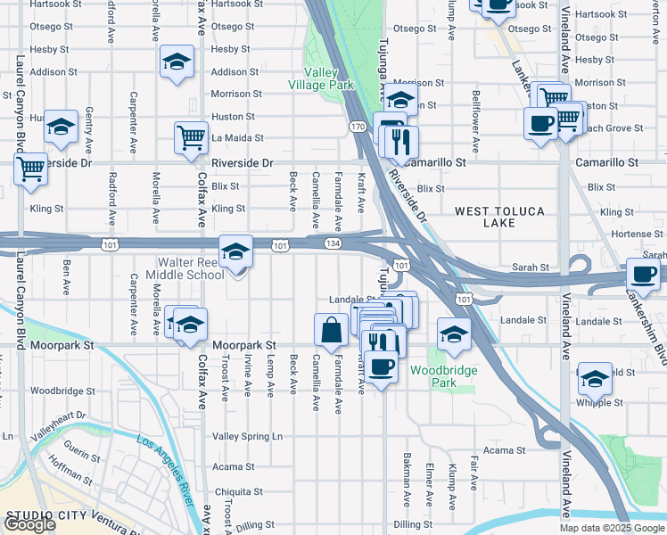 map of restaurants, bars, coffee shops, grocery stores, and more near 4543 Farmdale Avenue in Los Angeles