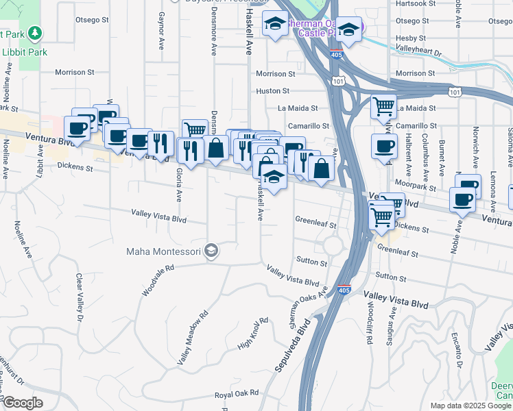 map of restaurants, bars, coffee shops, grocery stores, and more near 4535 Haskell Avenue in Los Angeles