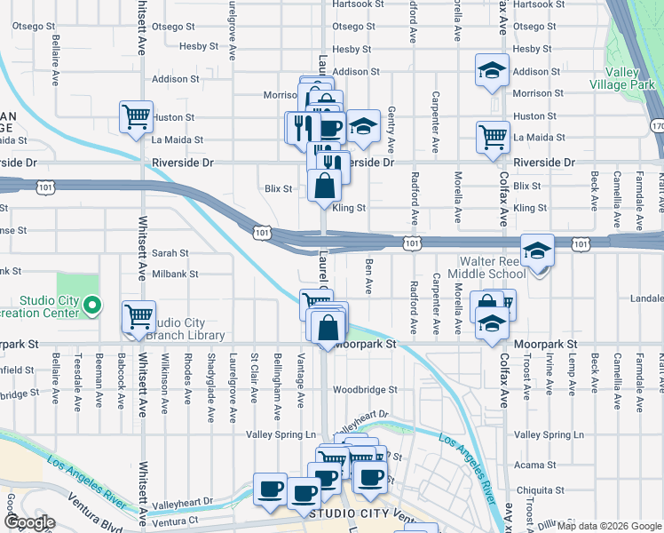 map of restaurants, bars, coffee shops, grocery stores, and more near 4540 Laurel Canyon Boulevard in Los Angeles