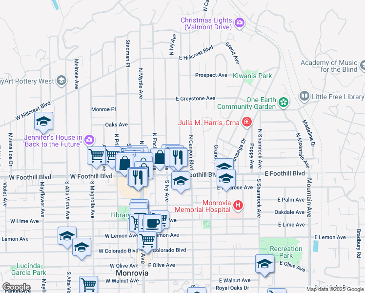 map of restaurants, bars, coffee shops, grocery stores, and more near 160 May Avenue in Monrovia