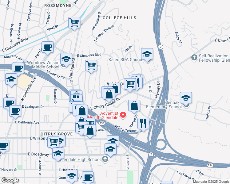 map of restaurants, bars, coffee shops, grocery stores, and more near 1506 Lynglen Drive in Glendale