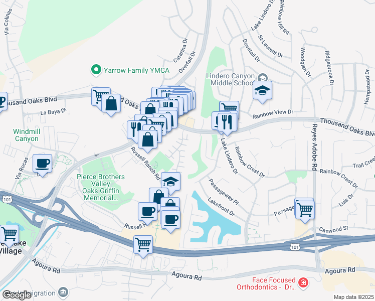 map of restaurants, bars, coffee shops, grocery stores, and more near 30813 Paris Ct in Westlake Village