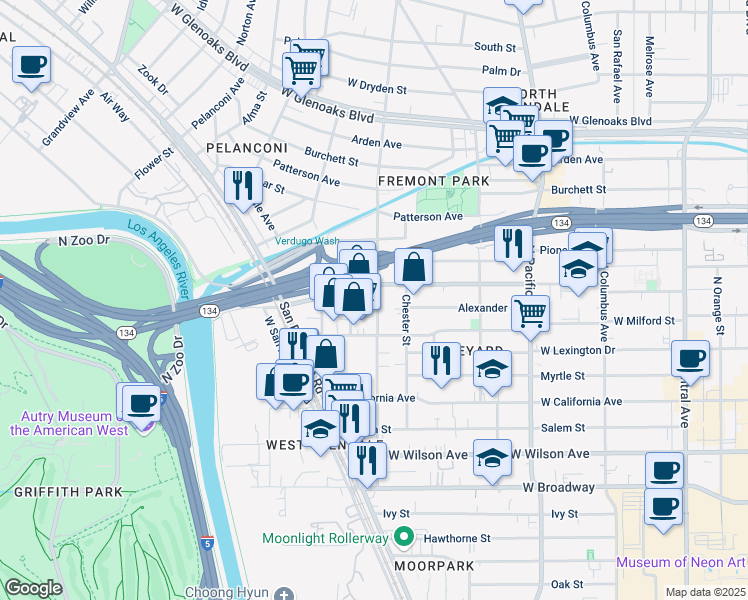 map of restaurants, bars, coffee shops, grocery stores, and more near 528 State Street in Glendale