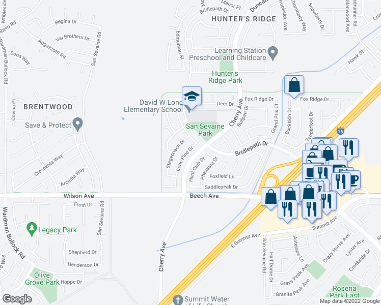 map of restaurants, bars, coffee shops, grocery stores, and more near 5531 Lone Pine Drive in Fontana